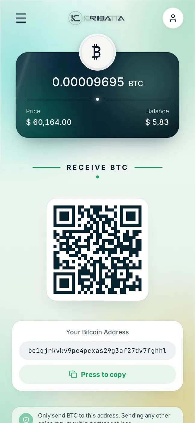 Kribatta app — Receive crypto