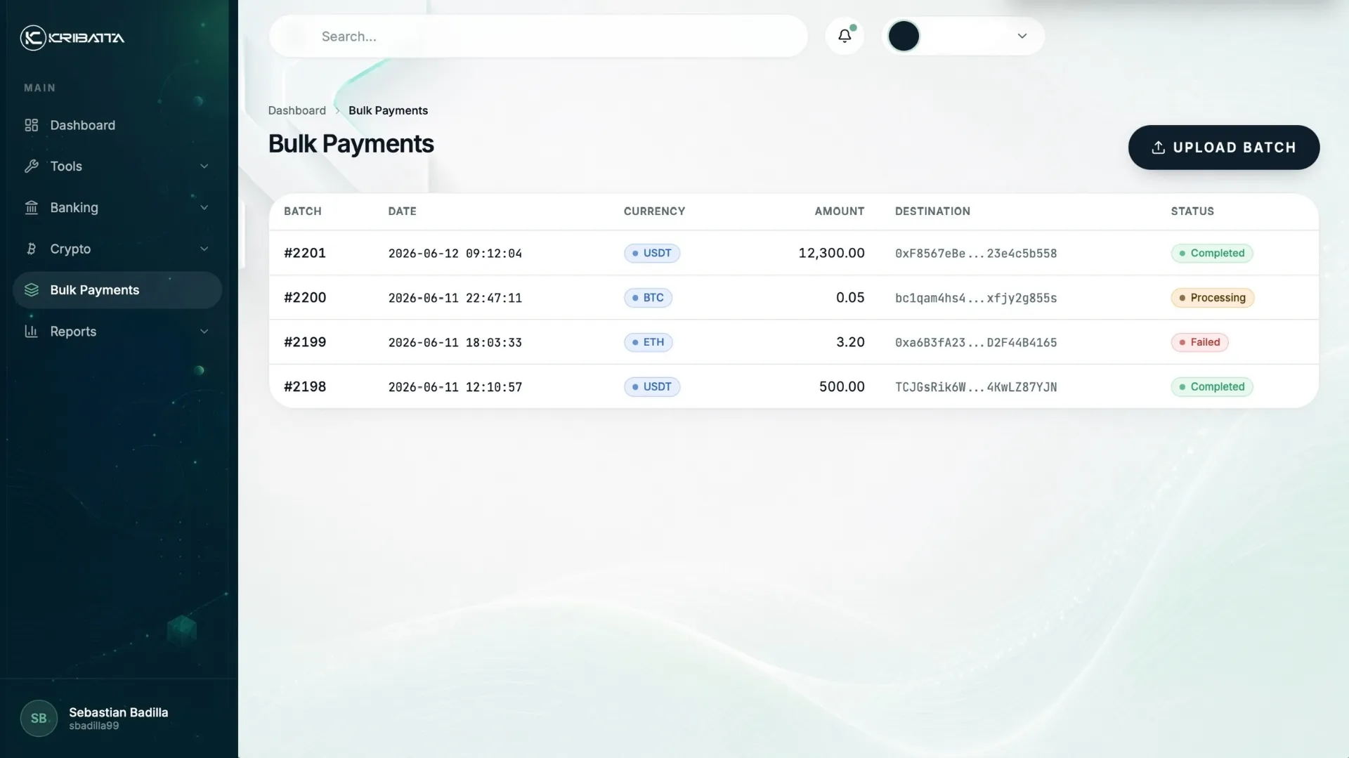 Kribatta manager — Bulk payments
