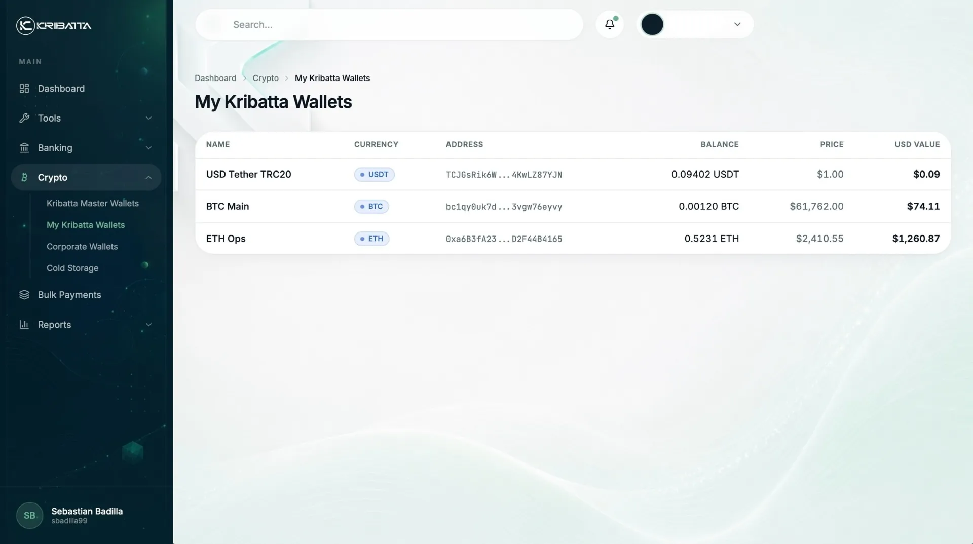 Kribatta manager — Crypto wallets